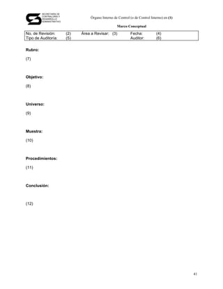 SECRETARÍA DE
         CONTRALORÍA Y
         DESARROLLO                 Órgano Interno de Control (o de Control Interno) en (1)
         ADMINISTRATIVO

                                                     Marco Conceptual

No. de Revisión:          (2)   Área a Revisar: (3)           Fecha:            (4)
Tipo de Auditoría:        (5)                                 Auditor:          (6)

Rubro:

(7)



Objetivo:

(8)



Universo:

(9)



Muestra:

(10)



Procedimientos:

(11)



Conclusión:



(12)




                                                                                              41
 