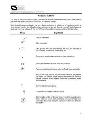 SECRETARÍA DE
            CONTRALORÍA Y
            DESARROLLO
            ADMINISTRATIVO

SUBSECRETARÍA DE NORMATIVIDAD Y CONTROL DE LA GESTIÓN PÚBLICA
DIRECCIÓN GENERAL DE AUDITORÍA GUBERNAMENTAL


                                                  Marcas de Auditoría

Las marcas de auditoría son signos que utiliza el auditor para señalar el tipo de procedimiento
que está aplicando, simplificando con ello su papel de trabajo.

A continuación se presentan las marcas más comunes que se utilizan en el trabajo de auditoría;
sin embargo, pueden ser utilizadas otras marcas, mismas que deberán ser definidas al calce de
la cédula o en una “cédula de marcas” al final del expediente, que permita su fácil consulta.

                 Marca                                                  Significado

                                              Cálculo verificado.


                                              Cifra cuadrada.


                                              Cifra que no debe ser considerada. Es decir, no incluirse en
                                              tabulaciones, sumatorias, inventarios, etc.



                    ∗
                                              Documento pendiente por aclarar, revisar o localizar.



                                              Punto pendiente por aclarar, revisar o localizar.


                                              Punto pendiente que fue aclarado, verificado o comprobado.


                                              Nota: Estas dos marcas de pendiente sólo son temporales.
                                              De hecho, no deben existir puntos pendientes de verificar,
                                              solicitar o revisar en los papeles de trabajo, pues éstos deben
                                              ser completos.


                                              Confrontado contra registro.


                                              Confrontado contra documento original


                                              Confrontado contra evidencia física. Se utiliza cuando algún
                                              dato o cifra que conste en la cédula se compara contra bienes
                                              o artículos tangibles, ejemplo: bienes inventariados o fondos
                                              arqueados.




                                                                                                          54
 
