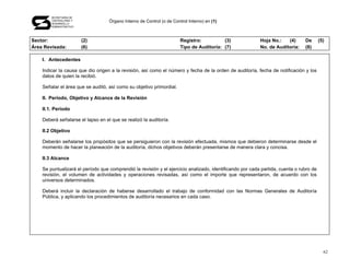 SECRETARÍA DE
        CONTRALORÍA Y
        DESARROLLO
                                   Órgano Interno de Control (o de Control Interno) en (1)
        ADMINISTRATIVO




Sector:                  (2)                                           Registro:          (3)             Hoja No.:   (4)      De       (5)
Área Revisada:           (6)                                           Tipo de Auditoría: (7)             No. de Auditoría:    (8)

    I. Antecedentes

    Indicar la causa que dio origen a la revisión, así como el número y fecha de la orden de auditoría, fecha de notificación y los
    datos de quien la recibió.

    Señalar el área que se auditó, así como su objetivo primordial.

    II. Período, Objetivo y Alcance de la Revisión

    II.1. Período

    Deberá señalarse el lapso en el que se realizó la auditoría.

    II.2 Objetivo

    Deberán señalarse los propósitos que se persiguieron con la revisión efectuada, mismos que debieron determinarse desde el
    momento de hacer la planeación de la auditoría, dichos objetivos deberán presentarse de manera clara y concisa.

    II.3 Alcance

    Se puntualizará el período que comprendió la revisión y el ejercicio analizado, identificando por cada partida, cuenta o rubro de
    revisión, el volumen de actividades y operaciones revisadas, así como el importe que representaron, de acuerdo con los
    universos determinados.

    Deberá incluir la declaración de haberse desarrollado el trabajo de conformidad con las Normas Generales de Auditoría
    Pública, y aplicando los procedimientos de auditoría necesarios en cada caso.




                                                                                                                                          62
 