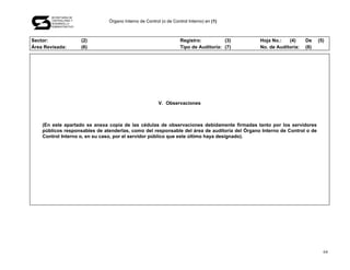 SECRETARÍA DE
       CONTRALORÍA Y
       DESARROLLO
                               Órgano Interno de Control (o de Control Interno) en (1)
       ADMINISTRATIVO




Sector:                 (2)                                        Registro:          (3)     Hoja No.:   (4)     De     (5)
Área Revisada:          (6)                                        Tipo de Auditoría: (7)     No. de Auditoría:   (8)




                                                        V. Observaciones



    (En este apartado se anexa copia de las cédulas de observaciones debidamente firmadas tanto por los servidores
    públicos responsables de atenderlas, como del responsable del área de auditoría del Órgano Interno de Control o de
    Control Interno o, en su caso, por el servidor público que este último haya designado).




                                                                                                                           64
 