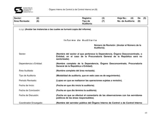 SECRETARÍA DE
       CONTRALORÍA Y
       DESARROLLO
                                 Órgano Interno de Control (o de Control Interno) en (1)
       ADMINISTRATIVO




Sector:                 (2)                                           Registro:            (3)           Hoja No.:   (4)     De    (5)
Área Revisada:          (6)                                           Tipo de              (7)           No. de Auditoría:   (8)
                                                                      Auditoría:

    c.c.p. (Anotar las instancias a las cuales se turnará copia del informe)




                                                  Informe de Auditoría

                                                                                    Número de Revisión: (Anotar el Número de la
                                                                                    Auditoría).

    Sector:                              (Nombre del sector al que pertenece la Dependencia, Órgano Desconcentrado, o
                                         Entidad, en el caso de la Procuraduría General de la República será no
                                         sectorizada).

    Dependencia o Entidad:               (Nombre completo de la Dependencia, Órgano Desconcentrado, Procuraduría
                                         General de la República o Entidad).

    Área Auditada:                       (Nombre completo del área revisada).

    Tipo de Auditoría                    (Modalidad de auditoría, que en este caso es de seguimiento).

    Periodo Revisado:                    (Lapso en que se realizaron las operaciones sujetas a revisión).

    Fecha de Inicio:                     (Fecha en que dio inicio la auditoría).

    Fecha de Conclusión:                 (Fecha en que dio término la auditoría).

    Fecha de Discusión:                  (Fecha en que se efectuó el comentario de las observaciones con los servidores
                                         públicos de las áreas responsables).

    Coordinador Encargado:               (Nombre del servidor público del Órgano Interno de Control o de Control Interno



                                                                                                                                    69
 