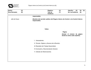 SECRETARÍA DE
       CONTRALORÍA Y
       DESARROLLO
                              Órgano Interno de Control (o de Control Interno) en (1)
       ADMINISTRATIVO




Sector:                 (2)                                        Registro:            (3)             Hoja No.:   (4)     De    (5)
Área Revisada:          (6)                                        Tipo de              (7)             No. de Auditoría:   (8)
                                                                   Auditoría:

                                      responsable).

    Jefe de Grupo:                    (Nombre del servidor público del Órgano Interno de Control o de Control Interno
                                      responsable).




                                                              Índice

                                                                                               Página
                                                                                              (Anotar el número de página
                                                                                              donde se ubica cada capítulo).


                                         I. Antecedentes.

                                         II. Período, Objetivo y Alcance de la Revisión.

                                         III. Resultado del Trabajo Desarrollado.

                                         IV. Conclusión y Recomendación General.

                                         V. Cédulas de Observaciones.




                                                                                                                                   70
 