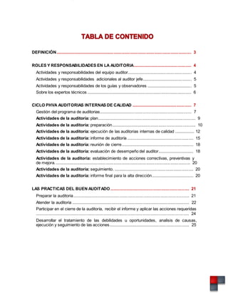 DEFINICIÓN...................................................................................................................... 3
ROLES Y RESPONSABILIDADES EN LA AUDITORIA................................................... 4
Actividades y responsabilidades del equipo auditor........................................................ 4
Actividades y responsabilidades adicionales al auditor jefe........................................... 5
Actividades y responsabilidades de los guías y observadores ....................................... 5
Sobre los expertos técnicos ........................................................................................... 6
CICLO PHVA AUDITORIAS INTERNAS DE CALIDAD .................................................... 7
Gestión del programa de auditorias................................................................................ 7
Actividades de la auditoría: plan..................................................................................... 9
Actividades de la auditoría: preparación......................................................................... 10
Actividades de la auditoría: ejecución de las auditorias internas de calidad ................. 12
Actividades de la auditoría: informe de auditoría .......................................................... 15
Actividades de la auditoría: reunión de cierre............................................................... 18
Actividades de la auditoría: evaluación de desempeño del auditor............................... 18
Actividades de la auditoría: establecimiento de acciones correctivas, preventivas y
de mejora...................................................................................................................... 20
Actividades de la auditoría: seguimiento. ..................................................................... 20
Actividades de la auditoría: informe final para la alta dirección..................................... 20
LAS PRACTICAS DEL BUEN AUDITADO ..................................................................... 21
Preparar la auditoria..................................................................................................... 21
Atender la auditoria ...................................................................................................... 22
Participar en el cierre de la auditoría, recibir el informe y aplicar las acciones requeridas
..................................................................................................................................... 24
Desarrollar el tratamiento de las debilidades u oportunidades, analisis de causas,
ejecución y seguimiento de las acciones...................................................................... 25
 