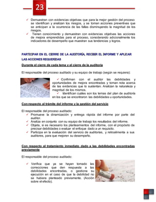  Demuestran con evidencias objetivas que para la mejor gestión del proceso
se identifican y analizan los riesgos, y se toman acciones preventivas que
se anticipan a la ocurrencia de las fallas disminuyendo la magnitud de los
riesgos.
 Tienen conocimiento y demuestran con evidencias objetivas las acciones
de mejora emprendidas para el proceso, considerando adicionalmente los
indicadores de desempeño que muestran sus tendencias y logros.
Durante el cierre de cada tema y el cierre de la auditoría
El responsable del proceso auditado y su equipo de trabajo (según se requiera):
 Confirman con el auditor las debilidades y
oportunidades de mejora encontradas y toman nota acerca
de las evidencias que lo sustentan. Analizan la naturaleza y
magnitud de los mismos.
 Identifican cuáles son los temas del plan de auditoría
en los que se encontraron las debilidades u oportunidades.
Con respecto al trámite del informe y la gestión del servicio
El responsable del proceso auditado:
 Promueve la dinamización y entrega rápida del informe por parte del
auditor.
 Analiza en conjunto con su equipo de trabajo los resultados del informe.
 Objeta, si es necesario los planteamientos del informe, con el propósito de
precisar debilidades o evaluar el enfoque dado a un requisito.
 Participa en la evaluación del servicio de auditorías, y retroalimenta a sus
auditores, para que mejoren su desempeño.
Con respecto al tratamiento inmediato dado a las debilidades encontradas
previamente
El responsable del proceso auditado:
 Verifica que ya se hayan tomado las
correcciones que den respuesta a las
debilidades encontradas, o gestiona su
ejecución en el caso de que la debilidad no
se hubiera planteado previamente. (Acción
sobre el efecto).
 