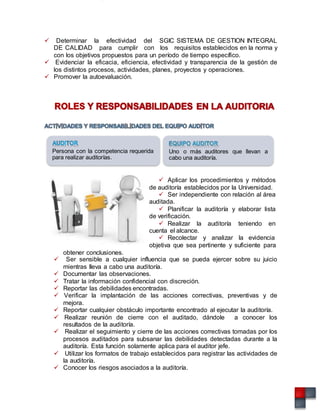  Determinar la efectividad del SGIC SISTEMA DE GESTION INTEGRAL
DE CALIDAD para cumplir con los requisitos establecidos en la norma y
con los objetivos propuestos para un período de tiempo específico.
 Evidenciar la eficacia, eficiencia, efectividad y transparencia de la gestión de
los distintos procesos, actividades, planes, proyectos y operaciones.
 Promover la autoevaluación.
Persona con la competencia requerida
para realizar auditorías.
Uno o más auditores que llevan a
cabo una auditoría.
obtener conclusiones.
 Aplicar los procedimientos y métodos
de auditoría establecidos por la Universidad.
 Ser independiente con relación al área
auditada.
 Planificar la auditoría y elaborar lista
de verificación.
 Realizar la auditoría teniendo en
cuenta el alcance.
 Recolectar y analizar la evidencia
objetiva que sea pertinente y suficiente para
 Ser sensible a cualquier influencia que se pueda ejercer sobre su juicio
mientras lleva a cabo una auditoría.
 Documentar las observaciones.
 Tratar la información confidencial con discreción.
 Reportar las debilidades encontradas.
 Verificar la implantación de las acciones correctivas, preventivas y de
mejora.
 Reportar cualquier obstáculo importante encontrado al ejecutar la auditoría.
 Realizar reunión de cierre con el auditado, dándole a conocer los
resultados de la auditoría.
 Realizar el seguimiento y cierre de las acciones correctivas tomadas por los
procesos auditados para subsanar las debilidades detectadas durante a la
auditoría. Esta función solamente aplica para el auditor jefe.
 Utilizar los formatos de trabajo establecidos para registrar las actividades de
la auditoría.
 Conocer los riesgos asociados a la auditoría.
 
