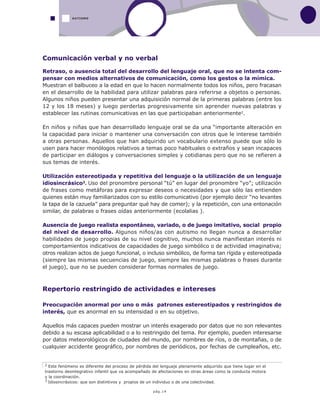 pág.14
AUTISMO
Comunicación verbal y no verbal
Retraso, o ausencia total del desarrollo del lenguaje oral, que no se intenta com-
pensar con medios alternativos de comunicación, como los gestos o la mímica.
Muestran el balbuceo a la edad en que lo hacen normalmente todos los niños, pero fracasan
en el desarrollo de la habilidad para utilizar palabras para referirse a objetos o personas.
Algunos niños pueden presentar una adquisición normal de la primeras palabras (entre los
12 y los 18 meses) y luego perderlas progresivamente sin aprender nuevas palabras y
establecer las rutinas comunicativas en las que participaban anteriormente2.
En niños y niñas que han desarrollado lenguaje oral se da una “importante alteración en
la capacidad para iniciar o mantener una conversación con otros que le interese también
a otras personas. Aquellos que han adquirido un vocabulario extenso puede que sólo lo
usen para hacer monólogos relativos a temas poco habituales o extraños y sean incapaces
de participar en diálogos y conversaciones simples y cotidianas pero que no se refieren a
sus temas de interés.
Utilización estereotipada y repetitiva del lenguaje o la utilización de un lenguaje
idiosincrásico3. Uso del pronombre personal “tú” en lugar del pronombre “yo”; utilización
de frases como metáforas para expresar deseos o necesidades y que sólo las entienden
quienes están muy familiarizados con su estilo comunicativo (por ejemplo decir “no levantes
la tapa de la cazuela” para preguntar qué hay de comer); y la repetición, con una entonación
similar, de palabras o frases oídas anteriormente (ecolalias ).
Ausencia de juego realista espontáneo, variado, o de juego imitativo, social propio
del nivel de desarrollo. Algunos niños/as con autismo no llegan nunca a desarrollar
habilidades de juego propias de su nivel cognitivo, muchos nunca manifiestan interés ni
comportamientos indicativos de capacidades de juego simbólico o de actividad imaginativa;
otros realizan actos de juego funcional, o incluso simbólico, de forma tan rígida y estereotipada
(siempre las mismas secuencias de juego, siempre las mismas palabras o frases durante
el juego), que no se pueden considerar formas normales de juego.
Repertorio restringido de actividades e intereses
Preocupación anormal por uno o más patrones estereotipados y restringidos de
interés, que es anormal en su intensidad o en su objetivo.
Aquellos más capaces pueden mostrar un interés exagerado por datos que no son relevantes
debido a su escasa aplicabilidad o a lo restringido del tema. Por ejemplo, pueden interesarse
por datos meteorológicos de ciudades del mundo, por nombres de ríos, o de montañas, o de
cualquier accidente geográfico, por nombres de periódicos, por fechas de cumpleaños, etc.
2 Este fenómeno es diferente del proceso de pérdida del lenguaje plenamente adquirido que tiene lugar en el
trastorno desintegrativo infantil que va acompañado de afectaciones en otras áreas como la conducta motora
y la coordinación.
3 Idiosincrásicos: que son distintivos y propios de un individuo o de una colectividad.
 