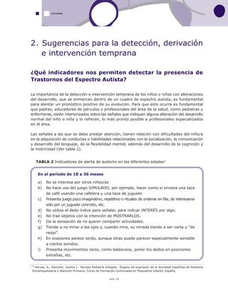 ¿Qué indicadores nos permiten detectar la presencia de
Trastornos del Espectro Autista?
La importancia de la detección e intervención temprana de los niños o niñas con alteraciones
del desarrollo, que se enmarcan dentro de un cuadro de espectro autista, es fundamental
para alentar un pronóstico positivo de su evolución. Para que esto ocurra es fundamental
que padres, educadores de párvulos y profesionales del área de la salud, como pediatras y
enfermeras, estén interiorizados sobre las señales que indiquen alguna alteración del desarrollo
normal del niño o niña y lo refieran, lo más pronto posible a profesionales especializados
en el área.
Las señales a las que se debe prestar atención, tienen relación con dificultades del niño/a
en la adquisición de conductas o habilidades relacionadas con la socialización, la comunicación
y desarrollo del lenguaje, de la flexibilidad mental, además del desarrollo de la cognición y
la motricidad (Ver tabla 2).
pág.18
En el período de 18 a 36 meses
a) No se interesa por otros niños/as
b) No hace uso del juego SIMULADO, por ejemplo, hacer como si sirviera una taza
de café usando una cafetera y una taza de juguete
c) Presenta juego poco imaginativo, repetitivo o rituales de ordenar en fila, de interesarse
sólo por un juguete concreto, etc.
d) No utiliza el dedo índice para señalar, para indicar INTERÉS por algo.
e) No trae objetos con la intención de MOSTRARLOS.
f) Da la sensación de no querer compartir actividades.
g) Tiende a no mirar a los ojos y, cuando mira, su mirada tiende a ser corta y “de
reojo”.
h) En ocasiones parece sordo, aunque otras puede parecer especialmente sensible
a ciertos sonidos.
i) Presenta movimientos raros, como balanceos, poner los dedos en posiciones
extrañas, etc.
TABLA 2 Indicadores de alerta de autismo en las diferentes edades5
2. Sugerencias para la detección, derivación
e intervención temprana
5 Harvas, A., Sánchez, Santos I. Revista Pediatría Integral,. Órgano de expresión de la Sociedad Española de Pediatría
Extrahospitalaria y Atención Primaria. Curso de Formación Continuada en Psiquiatría Infantil, España.
AUTISMO
 
