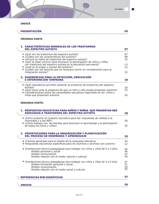 pág.03
INDICE
PRESENTACIÓN
PRIMERA PARTE
1. CARACTERÍSTICAS GENERALES DE LOS TRASTORNOS
DEL ESPECTRO AUTISTA
¿Qué son los trastornos del espectro autista?
¿Cuáles son las características del autismo?
¿Porqué se habla de trastornos del espectro autista?
¿Qué se debe conocer para favorecer la participación de niños y niñas
con trastornos del espectro autista en la educación parvularia?
¿Cuál es el origen o causas del autismo?
¿Cuáles son los factores que es necesario tomar en consideración para la
integración escolar?
2. SUGERENCIAS PARA LA DETECCIÓN, DERIVACIÓN
E INTERVENCIÓN TEMPRANA
¿Qué indicadores permiten detectar la presencia de trastornos del espectro
autista?
¿Qué hacer ante la sospecha de que un niño o niña pueda presentar autismo?
Consideraciones sobre las necesidades educativas especiales de los niños y
niñas que presentan autismo.
SEGUNDA PARTE:
1. RESPUESTAS EDUCATIVAS PARA NIÑOS Y NIÑAS QUE PRESENTAN NEE
ASOCIADAS A TRASTORNOS DEL ESPECTRO AUTISTA
¿Cómo preparar el contexto educativo para dar respuestas de calidad a la
diversidad y a las NEE?
¿Cómo trabajar con las familias para favorecer el aprendizaje y la participación
de todos los niños y niñas?
2. ORIENTACIONES PARA LA ORGANIZACIÓN Y PLANIFICACIÓN
DEL PROCESO DE ENSEÑANZA Y APRENDIZAJE
Criterios generales para el diseño de la respuesta educativa
Respuestas educativas específicas para los alumnos y alumnas con autismo:
Orientaciones técnico-pedagógicas para trabajar con niños y niñas de 0 a 3 años
Ámbito personal y social
Ámbito comunicación
Ámbito relación con el medio natural y cultural
Orientaciones técnico-pedagógicas para trabajar con niños y niñas de 3 a 6 años
Ámbito formación personal y social
Ámbito comunicación
Ámbito relación con el medio social y cultural
REFERENCIAS BiBLIOGRÁFICAS
ANEXOS
05
07
08
07
10
13
15
16
20
20
23
24
28
28
32
35
36
37
46
46
47
49
51
51
53
55
57
59
AUTISMO
 