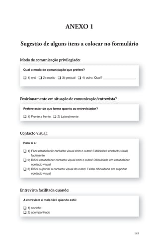 149 
aNeXO 1 
Sugestão de alguns itens a colocar no formulário 
Modo de comunicação privilegiado: 
Qual o modo de comunicação que prefere? 
❑ 1) oral ❑ 2) escrito ❑ 3) gestual ❑ 4) outro. Qual? _____________________ 
Posicionamento em situação de comunicação/entrevista? 
Prefere estar de que forma quanto ao entrevistador? 
❑ 1) Frente a frente ❑ 2) Lateralmente 
Contacto visual: 
Para si é: 
❑ 1) Fácil estabelecer contacto visual com o outro/ Estabelece contacto visual 
facilmente 
❑ 2) Difícil estabelecer contacto visual com o outro/ Difi culdade em estabelecer 
contacto visual 
❑ 3) Difícil suportar o contacto visual do outro/ Existe difi culdade em suportar 
contacto visual 
Entrevista facilitada quando: 
A entrevista é mais fácil quando está: 
❑ 1) sozinho 
❑ 2) acompanhado 
 