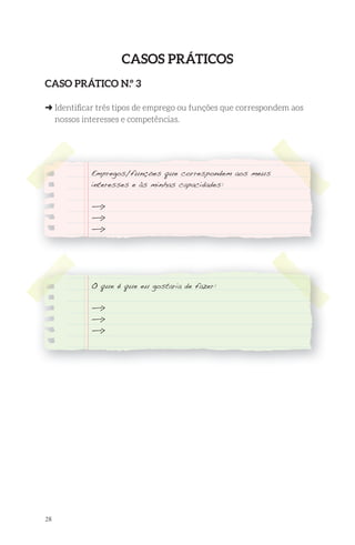 28 
Casos PrátiCos 
Caso PrátiCo n.º 3 
➜ Identifi car três tipos de emprego ou funções que correspondem aos 
nossos interesses e competências. 
Empregos/funções que correspondem aos meus 
interesses e às minhas capacidades: 
—> 
—> 
—> 
O que é que eu gostaria de fazer: 
—> 
—> 
—> 
 