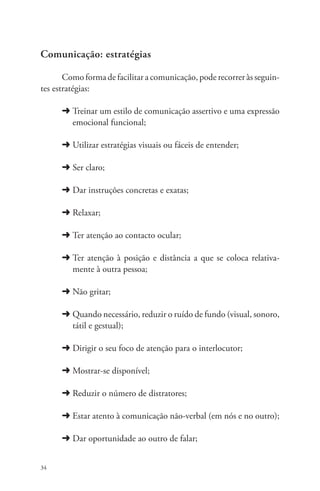 Comunicação: estratégias 
34 
Como forma de facilitar a comunicação, pode recorrer às seguin-tes 
estratégias: 
➜➜Treinar um estilo de comunicação assertivo e uma expressão 
emocional funcional; 
➜➜Utilizar estratégias visuais ou fáceis de entender; 
➜➜Ser claro; 
➜➜Dar instruções concretas e exatas; 
➜➜Relaxar; 
➜➜Ter atenção ao contacto ocular; 
➜➜Ter atenção à posição e distância a que se coloca relativa-mente 
à outra pessoa; 
➜➜Não gritar; 
➜➜Quando necessário, reduzir o ruído de fundo (visual, sonoro, 
tátil e gestual); 
➜➜Dirigir o seu foco de atenção para o interlocutor; 
➜➜Mostrar-se disponível; 
➜➜Reduzir o número de distratores; 
➜➜Estar atento à comunicação não-verbal (em nós e no outro); 
➜➜Dar oportunidade ao outro de falar; 
 