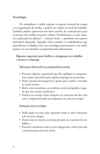 Tecnologia 
62 
Os smartphones e tablets ajudam na gestão racional do tempo 
e na organização de tarefas, e podem ser usados no local de trabalho. 
Também podem apresentar um bom auxiliar de comunicação para 
as pessoas não-verbais ou pouco verbais. Paralelamente, as suas câma-ras 
e aplicações de software — existem várias — permitem um suporte 
individual adequado. Segundo vários estudos, os trabalhadores que 
aprenderam a trabalhar com esta tecnologia aumentaram o seu rendi-mento 
e os seus desafios comportamentais diminuíram. 
Algumas sugestões para facilitar a integração no trabalho 
e manter o emprego 
Ideias para desenvolver as competências sociais 
• Procurar alguém responsável que lhe explique as competên-cias 
sociais necessárias para aquele emprego em particular; 
• Pedir à pessoa encarregue de o apoiar que o ajude a entender 
os sinais sociais; 
• Rever, com essa pessoa, as condutas sociais adequadas e aque-las 
que são «menos aceitáveis»; 
• Praticar ou ensaiar várias situações ou conversas do dia a dia 
com o responsável pela sua adaptação ou com um amigo. 
Interação com os colegas 
• Pedir ajuda ao tutor para aprender como se deve relacionar 
com os seus colegas; 
• Tentar não ter muitas conversas pessoais em contexto de tra-balho; 
e 
• Procurar comunicar com os seus colegas por e-mail, para que 
a comunicação seja mais eficaz. 
 