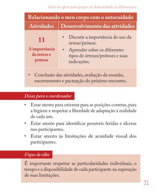 31
Guia de apoio para grupos de Autocuidado em Hanseníase
Relacionando o meu corpo com o autocuidado
Atividades Desenvolvimento das atividades
11
A importância
da órtese e
prótese
• Discutir a importância do uso da
órtese/prótese.
• Aprender sobre os diferentes
tipos de órteses/próteses e suas
indicações.
• Conclusão das atividades, avaliação da reunião,
encerramento e pactuação do próximo encontro.
Dicas para o coordenador
• Estar atento para orientar para as posições corretas,para
a higiene e respeitar a liberdade de adaptação à realidade
de cada um.
• Estar atento para identiﬁcar possíveis feridas e úlceras
nos participantes.
• Estar atento às limitações de acuidade visual dos
participantes.
Fique de olho
É importante respeitar as particularidades individuais, o
tempo e a disponibilidade de cada participante na superação
de suas limitações.
 