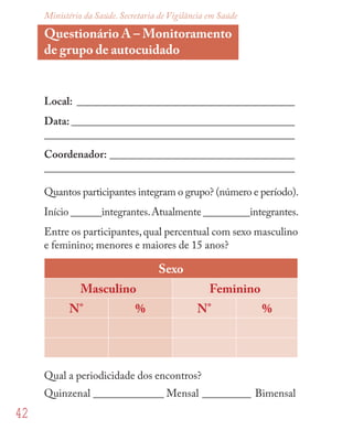42
Ministério da Saúde. Secretaria de Vigilância em Saúde
Questionário A – Monitoramento
de grupo de autocuidado
Local: ________________________________________
Data: _________________________________________
______________________________________________
Coordenador: __________________________________
______________________________________________
Quantos participantes integram o grupo? (número e período).
Início ______integrantes.Atualmente _________integrantes.
Entre os participantes,qual percentual com sexo masculino
e feminino; menores e maiores de 15 anos?
Sexo
Masculino Feminino
N° % N° %
Qual a periodicidade dos encontros?
Quinzenal _____________ Mensal _________ Bimensal
 