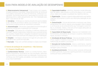 - 18 -
GUIA PARA MODELO DE AVALIAÇÃO DE DESEMPENHO
2. Relacionamento Interpessoal - Trata a todos com respeito,
simpatia, presteza e educação, independentemente da hierarquia
e do público, buscando um clima de harmonia, confiança e co-
operação. Demonstra paciência e capacidade de conviver com
diferenças (ritmo, estilo, pensamentos, etc). Tem habilidade para
dizer “o que precisa ser dito”.
3. Iniciativa – Antecipa-se, tirando proveito de oportunidades
e não deixando acontecer falhas que possam ser evitadas.
Demonstra iniciativa diante de imprevistos e pressões.
4. Automotivação - Demonstra capacidade de automotivação e
apresenta energia para implantação de mudanças.
5. Inovação - Está aberto às inovações e melhores práticas do
mercado, visando implementar novas técnicas e procedimentos
em sua área. Propõe ideias e soluções inovadoras e possíveis de
executar e administra eventuais dificuldade para sua implantação.
6. Empatia – Consegue colocar-se no lugar do outro para com-
preendê-lo sob o ponto de vista dele.
7. Discrição - Trata com confidencialidade os dados da entidade.
5. Fatores de avaliação de competência – Não Gestores
5.1. Preparo e Qualificação
1. Conhecimento Técnico - Detém os conhecimentos, habili-
dades e experiência necessários às suas atividades, aplicando
recursos teóricos e práticos para sua realização. Expressa auto-
confiança nas informações, atividades e serviços prestados sob
a sua responsabilidade.
2. Capacidade Analítica - Identifica, interpreta e avalia diferentes
tipos de dados, relacionando-os de forma lógica e com sentido
crítico. Sabe como avaliar a qualidade dos registros internos.
3. Organização - Planeja e organiza adequadamente suas tarefas,
materiais, documentos e outros que utiliza para realização de seu
trabalho.
4. Comunicação - Escuta atentamente e expressa suas ideias,
verbalmente e por escrito, usando uma linguagem clara e objetiva
e certificando-se do entendimento das mensagens transmiti-
das ou recebidas. Adota o meio de comunicação adequado ao
conteúdo e contexto da informação.
5. Capacidade de Negociação - Negocia com habilidade com
fornecedores, prestadores de serviços e usuários, observando
regras, acordos e contratos.
6. Introdução de Novas Práticas - Executa atividades de forma
crítica, sugere e implanta novas práticas de trabalho visando a
melhoria das atividades e processos.
7. Geração de Conhecimento - Busca, sistematiza, registra
e dissemina o conhecimento, de modo a transformá-lo em
vantagem para a entidade.
8. Autodesenvolvimento - Procura evoluir pessoal, profissional
e intelectualmente, buscando aperfeiçoamento e atualização
contínua de seus conhecimentos.
 