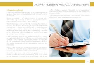 - 23 -
GUIA PARA MODELO DE AVALIAÇÃO DE DESEMPENHO
8. Etapas das avaliações
Cada ciclo de avaliações deve ter a duração de 12 meses e sugere-se
que suas etapas sejam conduzidas pela área de recursos humanos
da entidade.
O ciclo começa com a definição do modelo de avaliação a ser
utilizado. Em seguida, devem ser definidas as competências e seus
indicadores, bem como os indicadores de potencial.
Recomenda-se que o acompanhamento do desempenho de cada co-
laborador pelo seu gestor seja contínuo ao longo do tempo e, deve-se
realizar a cada 6 meses, uma reunião formal entre cada colaborador
e seu gestor para analisar o desempenho observado e identificar a
necessidade de medidas corretivas (reunião de feedback). O resultado
de cada uma dessas reuniões será objeto de registro em formulário
de avaliação de competências.
Cada colaborador, gestor ou não, deve realizar, a cada 12 meses,
uma autoavaliação, tendo como foco as competências definidas.
Também a cada 12 meses, o gestor deve preencher as avaliações
de competência e potencial relativas a seus subordinados. Para tanto,
deve analisar, previamente, a ficha de autoavaliação preenchida pelo
colaborador.
Após a etapa acima, recomenda-se aos gestores discutir com
a Diretoria as avaliações de seus subordinados (autoavaliação x
avaliação feita pelo gestor e avaliação de potencial).
Concluído o processo, cada colaborador, gestor ou não, deve
receber as fichas de avaliação a ele referentes, tendo assim acesso
às suas avaliações. E, recomenda-se que terminada a fase de ava-
liações e feedbacks, gestores e Diretoria se reunam para deliberar
sobre eventual plano de desenvolvimento ou de treinamento para
os colaboradores.
O ciclo se encerra com uma análise e discussão das oportunidades
de melhoria a serem implementadas no próximo ciclo.
 