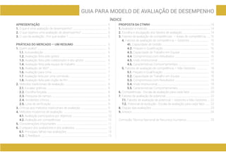 GUIA PARA MODELO DE AVALIAÇÃO DE DESEMPENHO
APRESENTAÇÃO ......................................................................................................
1. O que é uma avaliação de desempenho? ....................................................
2. O que objetiva uma avaliação de desempenho? .......................................
3. O uso da avaliação - Por que avaliar ? ...........................................................
PRÁTICAS DO MERCADO – UM RESUMO ..................................................
1. Quem avalia? ..........................................................................................................
1.1. Autoavaliação ...............................................................................................
1.2. Avaliação feita pelo gestor ......................................................................
1.3. Avaliação feita pelo colaborador e seu gestor .................................
1.4. Avaliação feita pela equipe de trabalho ..............................................
1.5. Avaliação de 360º .......................................................................................
1.6. Avaliação para cima ...................................................................................
1.7. Avaliação feita por uma comissão ........................................................
1.8. Avaliação feita pelo órgão de RH ..........................................................
2. Métodos tradicionais de avaliação ................................................................
2.1. Escalas gráficas ...........................................................................................
2.2. Escolha forçada ...........................................................................................
2.3. Pesquisa de campo ....................................................................................
2.4. Incidentes críticos ........................................................................................
2.5. Lista de verificação ......................................................................................
3. Críticas aos métodos tradicionais de avaliação ........................................
4. Métodos modernos de avaliação ..................................................................
4.1. Avaliação participativa por objetivos .....................................................
4.2. Avaliação por competências .....................................................................
5. Considerações importantes ..............................................................................
6. O preparo dos avaliadores e dos avaliados .................................................
6.1. Principais falhas nas avaliações ..............................................................
6.2. O feedback .......................................................................................................
ÍNDICE
PROPOSTA DA CTNRH ...............................................................................................
1. Avaliador e método ................................................................................................
2. Escolha e divulgação dos fatores de avaliação ..........................................
3. Fatores de avaliação de competências – Áreas de competência ......
4. Fatores de avaliação de competência – Gestores ............................
41. Capacidade de Gestão ......................................................................
4.2. Preparo e Qualificação .....................................................................
4.3. Capacidade de Trabalho em Equipe ............................................
4.4. Compromisso com Resultados ....................................................
4.5. Visão Institucional ..............................................................................
4.6. Características Comportamentais ...............................................
5. Fatores de avaliação de competência – Não Gestores ................
5.1. Preparo e Qualificação ......................................................................
5.2. Capacidade de Trabalho em Equipe ...........................................
5.3. Compromisso com Resultados ...................................................
5.4. Visão Institucional ..............................................................................
5.5. Características Comportamentais ..............................................
6. Competências - Escala de avaliação para cada fator ..............................
7. Fatores de avaliação de potencial ...................................................................
7.1. Fatores de avaliação de potencial – Gestores e Não Gestores ...
7.2. Potencial de evolução - Escala de avaliação para cada fator ......
8. Etapas das avaliações ..........................................................................................
9. Anexos .......................................................................................................................
Comissão Técnica Nacional de Recursos Humanos ...................................
5
5
5
5
6
6
6
6
6
7
7
7
7
7
8
8
8
8
9
9
9
10
10
10
11
12
13
13
14
14
14
15
15
15
16
16
16
17
17
18
18
19
19
19
20
20
22
22
22
23
24
25
 