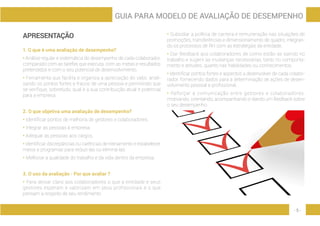 - 5 -
GUIA PARA MODELO DE AVALIAÇÃO DE DESEMPENHO
APRESENTAÇÃO
1. O que é uma avaliação de desempenho?
• Análise regular e sistemática do desempenho de cada colaborador,
comparado com as tarefas que executa, com as metas e resultados
pretendidos e com o seu potencial de desenvolvimento.
• Ferramenta que facilita e organiza a apreciação do valor, anali-
sando os pontos fortes e fracos de uma pessoa e permitindo que
se verifique, sobretudo, qual é a sua contribuição atual e potencial
para a empresa.
2. O que objetiva uma avaliação de desempenho?
• Identificar pontos de melhoria de gestores e colaboradores.
• Integrar as pessoas à empresa.
• Adequar as pessoas aos cargos.
• Identificar discrepâncias ou carências de treinamento e estabelecer
meios e programas para reduzi-las ou eliminá-las.
• Melhorar a qualidade do trabalho e da vida dentro da empresa.
3. O uso da avaliação - Por que avaliar ?
• Para deixar claro aos colaboradores o que a entidade e seus
gestores esperam e valorizam em seus profissionais e o que
pensam a respeito de seu rendimento.
• Subsidiar a política de carreira e remuneração nas situações de
promoções, transferências e dimensionamento de quadro, integran-
do os processos de RH com as estratégias da entidade.
• Dar feedback aos colaboradores de como estão se saindo no
trabalho e sugerir as mudanças necessárias, tanto no comporta-
mento e atitudes, quanto nas habilidades ou conhecimentos.
• Identificar pontos fortes e aspectos a desenvolver de cada colabo-
rador, fornecendo dados para a determinação de ações de desen-
volvimento pessoal e profissional.
• Reforçar a comunicação entre gestores e colaboradores,
motivando, orientando, acompanhando e dando um feedback sobre
o seu desempenho.
 