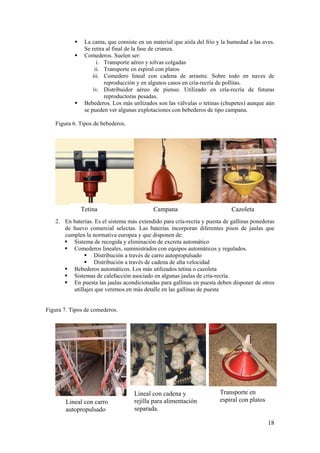 18 
 La cama, que consiste en un material que aísla del frío y la humedad a las aves. Se retira al final de la fase de crianza. 
 Comederos. Suelen ser: 
i. Transporte aéreo y tolvas colgadas 
ii. Transporte en espiral con platos 
iii. Comedero lineal con cadena de arrastre. Sobre todo en naves de reproducción y en algunos casos en cría-recría de pollitas. 
iv. Distribuidor aéreo de pienso. Utilizado en cría-recría de futuras reproductoras pesadas. 
 Bebederos. Los más utilizados son las válvulas o tetinas (chupetes) aunque aún se pueden ver algunas explotaciones con bebederos de tipo campana. 
Figura 6. Tipos de bebederos. 
2. En baterías. Es el sistema más extendido para cría-recría y puesta de gallinas ponedoras de huevo comercial selectas. Las baterías incorporan diferentes pisos de jaulas que cumplen la normativa europea y que disponen de: 
 Sistema de recogida y eliminación de excreta automático 
 Comederos lineales, suministrados con equipos automáticos y regulados. 
 Distribución a través de carro autopropulsado 
 Distribución a través de cadena de alta velocidad 
 Bebederos automáticos. Los más utilizados tetina o cazoleta 
 Sistemas de calefacción asociado en algunas jaulas de cría-recría. 
 En puesta las jaulas acondicionadas para gallinas en puesta deben disponer de otros utillajes que veremos en más detalle en las gallinas de puesta 
Figura 7. Tipos de comederos. 
Campana 
Cazoleta 
Tetina 
Transporte en espiral con platos 
Lineal con cadena y rejilla para alimentación separada. 
Lineal con carro autopropulsado  