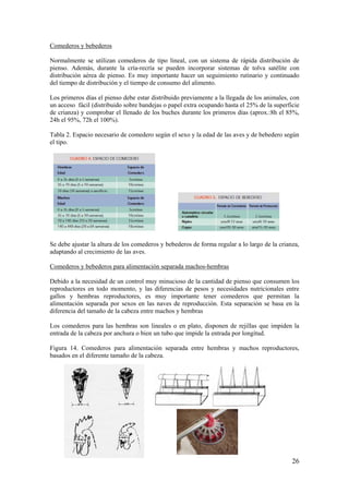 26 
Comederos y bebederos 
Normalmente se utilizan comederos de tipo lineal, con un sistema de rápida distribución de pienso. Además, durante la cría-recría se pueden incorporar sistemas de tolva satélite con distribución aérea de pienso. Es muy importante hacer un seguimiento rutinario y continuado del tiempo de distribución y el tiempo de consumo del alimento. 
Los primeros días el pienso debe estar distribuido previamente a la llegada de los animales, con un acceso fácil (distribuido sobre bandejas o papel extra ocupando hasta el 25% de la superficie de crianza) y comprobar el llenado de los buches durante los primeros días (aprox.:8h el 85%, 24h el 95%, 72h el 100%). 
Tabla 2. Espacio necesario de comedero según el sexo y la edad de las aves y de bebedero según el tipo. 
Se debe ajustar la altura de los comederos y bebederos de forma regular a lo largo de la crianza, adaptando al crecimiento de las aves. 
Comederos y bebederos para alimentación separada machos-hembras 
Debido a la necesidad de un control muy minucioso de la cantidad de pienso que consumen los reproductores en todo momento, y las diferencias de pesos y necesidades nutricionales entre gallos y hembras reproductores, es muy importante tener comederos que permitan la alimentación separada por sexos en las naves de reproducción. Esta separación se basa en la diferencia del tamaño de la cabeza entre machos y hembras 
Los comederos para las hembras son lineales o en plato, disponen de rejillas que impiden la entrada de la cabeza por anchura o bien un tubo que impide la entrada por longitud. 
Figura 14. Comederos para alimentación separada entre hembras y machos reproductores, basados en el diferente tamaño de la cabeza.  