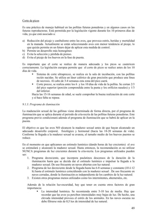 49 
Corte de picos 
Es una práctica de manejo habitual en las pollitas futuras ponedoras y en algunos casos en las futuras reproductoras. Está permitida por la legislación vigente durante los 10 primeros días de vida, ya que está asociado a: 
a) Reducción del picaje y canibalismo entre las aves, que provoca estrés, heridas y mortalidad en la manada. Actualmente se están seleccionando aves con menor tendencia al picaje, lo que quizás permita en un futuro dejar de aplicar esta medida de control. 
b) Permite un desarrollo más homogéneo 
c) Evita la selección y pérdida de pienso. 
d) Evita el picaje de los huevos en la fase de puesta. 
Es importante que el corte se realice de manera adecuada y los picos se cautericen correctamente. La legislación europea permite que el corte de picos se realice antes de los 10 días de vida. 
 Sistema de corte ultraprecoz, se realiza en la sala de incubación, con las pollitas recién nacidas. Se utiliza un láser calórico de gran precisión que produce una línea de necrosis. Al cabo de 3-4 semanas esta zona del pico caerá. 
 Corte precoz, se realiza entre los 6 y los 10 días de vida de la pollita. Se cortan 2/3 del pico superior (porción comprendida entre la punta y los orificios nasales) y 1/3 del inferior. 
Hacia las 15-16 semanas de edad, se suele comprobar la buena realización de este corte y si hace falta se repasa. 
9.1.3. Programa de iluminación 
La maduración sexual de las gallinas viene determinada de forma directa, por el programa de iluminación que se aplica durante el periodo de cría-recría de las pollitas futuras ponedoras. Este programa previo condicionará además el programa de iluminación que se habrá de aplicar en la puesta. 
El objetivo es que las aves NO alcancen la madurez sexual antes de que hayan alcanzado un adecuado desarrollo corporal, fisiológico y hormonal (hacia las 18-20 semanas de vida). Conforme la llegada a la madurez sexual se avanza, el tamaño medio de los huevos puestos se reduce. 
En el momento en que aplicamos un estimulo lumínico (dando horas de luz crecientes) el ave se estimulará y alcanzará la madurez sexual. Hasta entonces, la recomendación es no utilizar NUNCA programas de luz crecientes durante la cría-recría. Los programas utilizados pueden ser: 
1. Programa decreciente, que incorpora paulatinos descensos de la duración de la iluminación hasta que se decida dar el estímulo lumínico e impulsar la llegada a la madurez sexual. De uso frecuente en naves abiertas con luz natural. 
2. Programa de luz decreciente desde la llegada hasta las 6-8 semanas y constante (10 ó 12 h) hasta el estímulo lumínico coincidiendo con la madurez sexual . De uso frecuente en naves cerradas, donde la iluminación es independiente de los cambios de la luz natural. 
3. Existen otros programas menos utilizados como los intermitentes, ahemerales, etc. 
Además de la relación luz-oscuridad, hay que tener en cuenta otros factores de gran importancia: 
 La intensidad lumínica. Se recomienda entre 5-10 lux de media. Hay que recordar que las aves ya perciben intensidades muy bajas de luz. De hecho, una elevada intensidad provoca el estrés de los animales. En las naves oscuras no debe filtrarse más de 0,5 lux de intensidad de luz natural.  