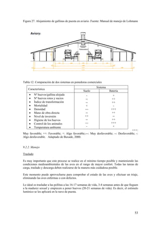 53 
Figura 27. Alojamiento de gallinas de puesta en aviario. Fuente: Manual de manejo de Lohmann 
Tabla 12. Comparación de dos sistemas en ponedoras comerciales 
+++: Muy favorable; ++: Favorable; +: Algo favorable;---: Muy desfavorable; --: Desfavorable; -: Algo desfavorable. Adaptado de Buxade, 2000. 
9.2.2. Manejo 
Traslado 
Es muy importante que este proceso se realice en el mínimo tiempo posible y manteniendo las condiciones medioambientales de las aves en el rango de mayor confort. Todas las tareas de carga, traslado y descarga deben realizarse de la manera más cuidadosa posible. 
Este momento puede aprovecharse para comprobar el estado de las aves y efectuar un triaje, eliminando las aves enfermas o con defectos. 
Lo ideal es trasladar a las pollitas a las 16-17 semanas de vida, 3-4 semanas antes de que lleguen a la madurez sexual y empiecen a poner huevos (20-21 semanas de vida). Es decir, el estímulo lumínico se les aplicará en la nave de puesta. 
Característica 
Sistema 
Suelo 
Batería 
• Nº huevos/gallina alojada 
• Nº huevos rotos y sucios 
• Índice de transformación 
• Mortalidad 
• Densidad 
• Mano de obra directa 
• Nivel de inversión 
• Higiene de los huevos 
• Control de los animales 
• Temperatura ambiente 
- 
-- 
-- 
+ 
--- 
-- 
++ 
-- 
--- 
- 
+ 
++ 
++ 
- 
+++ 
++ 
-- 
++ 
+++ 
+  