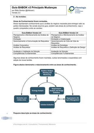 eTecnologia.com.br | Consultoria | Treinamento| Mentoria
6
Guia BABOK v3 Principais Mudanças
por Rildo Santos (@rildosan)
Versão 2.0
2 - As revisões:
Áreas de Conhecimento foram revisadas.
Áreas representam conhecimento que a análise do negócio necessita para entregar valor as
partes interessadas. Na versão atual do guia, existem seis áreas de conhecimento, veja o
quadro comparativo entre as versões:
Guia BABok Versão 2.0 Guia BABok Versão 3.0
Planejamento e Monitoramento da Análise de
Negócio
Planejamento e Monitoramento da Análise
de Negócio
Elicitação Elicitação e Colaboração
Gerenciamento e Comunicação de Requisitos Gerenciamento do Ciclo de Vida de
Requisitos
Análise Corporativa Análise da Estratégia
Análise de Requisitos Análise de Requisitos e Definição de Design
Avaliação e Validação da Solução Avaliação da Solução
Competências Fundamentais Competências Fundamentais
Algumas áreas de conhecimento foram mantidas, outras renomeadas e expandidas com
adição de novas tarefas.
Figura abaixo demonstra o relacionamento entre as áreas de conhecimento.
Pequena descrição as áreas de conhecimento:
 