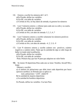 Material de trabajo
14) Genera y escribe los números del 1 al 5.
a)En Pseudo, define tus variables.
b) En DF, con tabla de variables
c) Corrida en frio, no hay datos de entrada, tú generas los números
15) Leer 5 números enteros y obtener para cada uno su cubo y su cuarta.
a)En Pseudo, define tus variables.
b) En DF, con tabla de variables
c) Corrida en frio, con dato de entrada: 5, 2, 3, 4, 7
16) Leer 5 números enteros y escribir solamente los números positivos
a)En Pseudo, define tus variables.
b) En DF, con tabla de variables
c) Corrida en frio, con dato de entrada: -4, 2, 3, 0, -9
17) Leer N números enteros y escribe cuántos son positivos, cuántos
negativos y cuántos nulos. Fíjate que la cantidad de algo se sabe luego de
haber revisado toda la población.
a)En Pseudo, define tus variables.
b) En DF, con tabla de variables
Pista: Primero hay que leer N para que adquiera un valor límite
18) Se tienen 30 deportistas.Para cada uno se tiene: Nombre, Sexo(F/M) y
Edad .
Obtener y escribir:
a) el número de pulsaciones que debe tener cada deportista por hacer
ejercicio aeróbico; la fórmula que se aplica es:
num. pulsaciones = (220 - edad)/10
b) la cantidad de mujeres deportistas
c) la cantidad de hombres deportistas
En Pseudo, define tus variables. Usa lazo Para
20 de 41
 