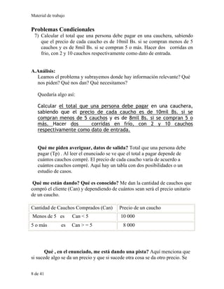 Material de trabajo
Problemas Condicionales
7) Calcular el total que una persona debe pagar en una cauchera, sabiendo
que el precio de cada caucho es de 10mil Bs. si se compran menos de 5
cauchos y es de 8mil Bs. si se compran 5 o más. Hacer dos corridas en
frio, con 2 y 10 cauchos respectivamente como dato de entrada.
A.Análisis:
Leamos el problema y subrayemos donde hay información relevante? Qué
nos piden? Qué nos dan? Qué necesitamos?
Quedaría algo así:
Calcular el total que una persona debe pagar en una cauchera,
sabiendo que el precio de cada caucho es de 10mil Bs. si se
compran menos de 5 cauchos y es de 8mil Bs. si se compran 5 o
más. Hacer dos corridas en frío, con 2 y 10 cauchos
respectivamente como dato de entrada.
Qué me piden averiguar, datos de salida? Total que una persona debe
pagar (Tp) . Al leer el enunciado se ve que el total a pagar depende de
cuántos cauchos compré. El precio de cada caucho varía de acuerdo a
cuántos cauchos compré. Aquí hay un tabla con dos posibilidades o un
estudio de casos.
Qué me están dando? Qué es conocido? Me dan la cantidad de cauchos que
compró el cliente (Can) y dependiendo de cuántos sean será el precio unitario
de un caucho.
Cantidad de Cauchos Comprados (Can) Precio de un caucho
Menos de 5 es Can < 5 10 000
5 o más es Can > = 5 8 000
Qué , en el enunciado, me está dando una pista? Aquí menciona que
si sucede algo se da un precio y que si sucede otra cosa se da otro precio. Se
8 de 41
 