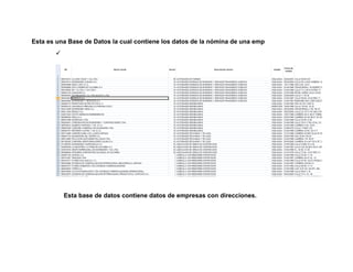 Esta es una Base de Datos la cual contiene los datos de la nómina de una emp

Esta base de datos contiene datos de empresas con direcciones.
 