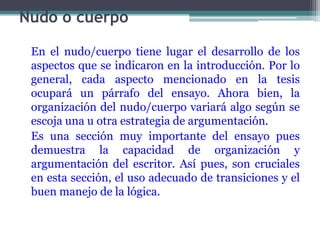 Nudo o cuerpo

 En el nudo/cuerpo tiene lugar el desarrollo de los
 aspectos que se indicaron en la introducción. Por lo
 general, cada aspecto mencionado en la tesis
 ocupará un párrafo del ensayo. Ahora bien, la
 organización del nudo/cuerpo variará algo según se
 escoja una u otra estrategia de argumentación.
 Es una sección muy importante del ensayo pues
 demuestra la capacidad de organización y
 argumentación del escritor. Así pues, son cruciales
 en esta sección, el uso adecuado de transiciones y el
 buen manejo de la lógica.
 