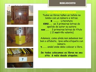 OS LIBROS AMARELOS
Todos os libros teñen un tellolo no
lombo con un número e letras.
8 …...... Literatura
COU…… as 3 primeiras letras do
apelido do autor ou autora
xas …… 3 primeiras letras do título
( O xastriño valente)
Ademais, como aínda non sabemos moi
ben o alfabeto, leva unha etiqueta cun
número.
7……… andel onde debo colocar o libro.
Se todos colocamos os libros no seu
sitio é máis doado atopalos.
BIBLIOCOTO
 