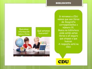 Qué estamos
buscando?
Buscamos
información
sobre China
Si miramos a CDU
vemos que aos libros
de Xeografía
correspóndelles o
número 91.
Busca na biblioteca
onde están estes
libros e alí seguro
que atopas o que
buscas.
A resposta está na
CDU
CDU
BIBLIOCOTO
 