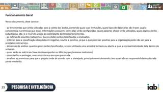 Funcionamento Geral
Nesse documento, deve constar:
- as ferramentas que serão utilizadas para a coleta dos dados, contendo quais suas limitações, quais tipos de dados elas vão trazer, qual a
consistência e premissas que essas informações possuem, como elas serão configuradas (quais palavras-chave serão utilizadas, quais páginas serão
cadastradas, etc.) e o nível de acesso do contratante dentro das ferramentas.
- as esferas de assuntos (categorias) que os dados serão classificados e analisados.
- critérios para a classificação dos posts em negativo, neutro e positivo, já que o que pode ser positivo para a organização pode não ser para a
prestadora de serviço.
- dimensão de análise: quantos posts serão classificados, se será utilizada uma amostra fechada ou aberta e qual a representatividade dela dentro do
universo.
- quais serão as métricas-chave de desempenho ou KPIs (key performance indicators)
- como serão as entregas, marcando datas e escopos para cada.
- sinalizar as premissas para que o projeto ande de acordo com o planejado, principalmente deixando claro quais são as responsabilidades de cada
parte envolvida.
PESQUISA E INTELIGÊNCIA39
 