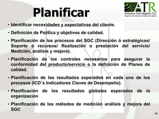 12
Planificar
• Identificar necesidades y expectativas del cliente.
• Definición de Política y objetivos de calidad.
• Planificación de los procesos del SGC (Dirección ó estratégicos/
Soporte ó recursos/ Realización o prestación del servicio/
Medición, análisis y mejora).
• Planificación de los controles necesarios para asegurar la
conformidad del producto/servicio o la definición de Planes de
calidad.
• Planificación de los resultados esperados en cada uno de los
procesos (ICD´s Indicadores Claves de Desempeño).
• Planificación de los resultados globales esperados de la
organización
• Planificación de los métodos de medición análisis y mejora del
SGC
 