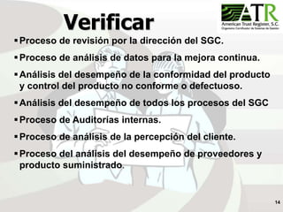 14
Verificar
Proceso de revisión por la dirección del SGC.
Proceso de análisis de datos para la mejora continua.
Análisis del desempeño de la conformidad del producto
y control del producto no conforme o defectuoso.
Análisis del desempeño de todos los procesos del SGC
Proceso de Auditorías internas.
Proceso de análisis de la percepción del cliente.
Proceso del análisis del desempeño de proveedores y
producto suministrado.
 
