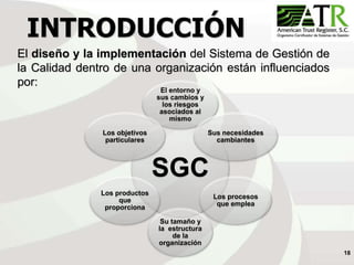 18
INTRODUCCIÓN
El diseño y la implementación del Sistema de Gestión de
la Calidad dentro de una organización están influenciados
por:
SGC
El entorno y
sus cambios y
los riesgos
asociados al
mismo
Sus necesidades
cambiantes
Los procesos
que emplea
Su tamaño y
la estructura
de la
organización
Los productos
que
proporciona
Los objetivos
particulares
 