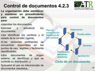 35
Control de documentos 4.2.3
La organización debe establecer
y mantener un procedimiento
para control de documentos
para:
a)aprobar los documentos,
b)revisar y actualizar los
documentos,
c)se identifican los cambios y el
estado de la versión vigente,
d) las versiones pertinentes se
encuentran disponibles en los
puntos de uso, legibles y fácilmente
identificables,
e)los documentos de origen
externo, se identifican y que se
controla su distribución, y
f)prevenir el uso no intencionado de
documentos obsoletos,.
Elaboración
Prueba piloto
Revisión
Aprobación
Distribución
Retirando
obsoletos
Plan de
actualización
Identificando
los cambios
Ciclo de un documento
 