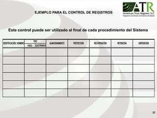 37
EJEMPLO PARA EL CONTROL DE REGISTROS
Este control puede ser utilizado al final de cada procedimiento del Sistema
FISICO ELECTRÓNICO
PROTECCIÓN RECUPERACIÓN RETENCIÓN DISPOSICIÓN
IDENTIFICACIÓN/NOMBRE
TIPO
ALMACENAMIENTO
 