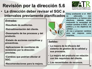 50
• La dirección deber revisar el SGC a
intervalos previamente planificados.
Revisión por la dirección 5.6
Entradas:
•Resultado de auditorías.
•Retroalimentación del cliente.
•Desempeño de los procesos y del
producto.
•Estado de acciones correctivas y
preventivas.
•Aplicaciones de monitoreo de
revisiones por la dirección
previstas.
•Cambios que podrían afectar al
SGC.
•Recomendaciones para la mejora.
Salidas:
• La mejora de la eficacia del
sistema de gestión de la calidad y
sus procesos.
• La mejora del producto en relación
con los requisitos del cliente.
• Las necesidades de recursos.
Estoy analizando si el SGC
es adecuado, nos
conveniente y si hemos sido
efectivos, además estoy
evaluando la necesidad de
realizar cambios al SGC, a la
política y a los objetivos de
calidad ……..
¡Si voy a proponer cambios
para ser mejores como
empresa¡
 