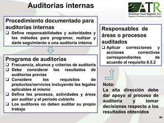 90
Procedimiento documentado para
auditorías internas
 Define responsabilidades y autoridades y
los métodos para programar, realizar y
darle seguimiento a una auditoria interna
Auditorias internas
Programa de auditorias
 Frecuencia, alcance y criterios de auditoria
 Debe considerar los resultados de
auditorias previas
 Considere los requisitos de
productos/servicios incluyendo los legales
aplicables al mismo
 Defina los procesos, actividades y áreas
por auditar y el periodo cubierto
 Los auditores no deben auditar su propio
trabajo
Responsables de
áreas o procesos
auditados
 Aplicar correcciones y
acciones correctivas
correspondientes de
acuerdo al requisito 8.5.2
Nota:
La alta dirección debe
dar apoyo al proceso de
auditoria y tomar
decisiones respecto a los
resultados obtenidos
 