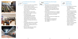 Controle para Iluminação                      Controle para Iluminação                          Sistema de
          Actilume                                      Luxsense                                          Iluminação
          • Consiste em um sensor e uma unidade de      • São sensores de luz encaixados diretamente      Occuswitch
            controle, instalados na luminária.            nas lâmpadas através de uma presilha na base.   • É um detector de movimento
          • O sensor combina três funções: sensor de    • Desenvolvidos para proporcionarem a               que possibilita uma
            luz, sensor de movimento e sensor             redução do consumo de energia através do          economia de energia de
            infra-vermelho para uso opcional com          aproveitamento de incidência de luz natural       até 30%.
            controle remoto.                              nos ambientes.                                  • É um controle de iluminação
          • Fácil de instalar tipo “plug and play”.     • Possuem ótimo desempenho para a regulagem         moderno e simples de operar,
          • Oferece máximo conforto e economia            da intensidade da luz em luminárias equipadas     que traz ﬂexibilidade ao
            de energia de até 75%.                        com reatores eletrônicos dimerizáveis             ambiente, além de aumentar
          • Comanda (liga-desliga) a iluminação           HF-R Philips.                                     a vida útil das lâmpadas.
            automaticamente de acordo com a             • São indicados para altura de montagem entre     • Compatível com qualquer
            presença (detecção de movimento) e            2,5 a 3,0 metros.                                 tipo de luminária ou lâmpada,
            regula (dimeriza) a iluminação quando       • Estão disponíveis para lâmpadas TLD               possui um detector de
            há elevada contribuição natural de luz no     (LRL 1220/08) e para lâmpadas TL5                 presença altamente sensível.
            ambiente.                                     (LRL 1220/05).                                  • Solução versátil para
          • A iluminação também pode ser controlada                                                         escritórios, áreas de estoque,
            manualmente, tanto por um interruptor                                                           banheiros, corredores,
            pulsador (tipo campainha) quanto por um                                                         lobbies e similares.
            controle remoto.
          • Este novo sistema opera com reatores
            eletrônicos HF-R Touch&DALI.




75   36                78                                               80                        37              81
 