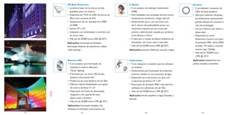 iW Blast Powercore                            C-Splash                                              Amazon
                                  • Luminária linear de luz branca de alta      • É um projetor de sobrepor submersível               • É um balizador composto de
                                    qualidade, para uso interno.                  (IP68).                                               LEDs de baixa potência.
                                  • Disponível em 110V ou 220V em barras de     • Fácil instalação, com proteção térmica contra       • Ideal para substituir lâmpadas
                                    30cm com consumo de 6W.                       temperaturas excessivas e longa vida útil.            em balizamento apresentando
                                  • Temperatura de cor ajustável de 2.700K      • Desenvolvido para o uso em locais com                 grande redução do consumo e
                                    à 6.500K.                                     até 5 metros de profundidade possui um                vida útil prolongada.
                                  • Fachos: 10º e 23º.                            tratamento especial em seu corpo que                • Sua luz é difusa e não ofusca o
                                  • Instalação com alimentação e controle com     previne a deterioração causada por produtos           observador.
      Foto: Jim Abbott              um único cabo.                                como Bromo e Cloro.                                 • Disponível nas cores
      Center City District
                                  • Vida útil de 50.000 horas L50% @ 50ºC.      • É ideal para a criação de efeitos dinâmicos de        âmbar,azul e branco, com grau
                                  Aplicações: iluminação de fachadas,             iluminação com cores vivas e saturadas.               de proteção IP65 , fonte (220V
                                  iluminação dinâmica de exteriores e efeito    • Vida útil de 50.000 horas L50% @ 50ºC.                entrada / 9V saída) e controle
                                  “wall-washing”.                               Aplicações: piscinas, chafarizes, cascatas e lagos.     remoto Liga / Desliga.
                                                                                                                                      • Vida útil de 70.000 horas
                                                                                                                                        L70% @ 25ºC
                                  Beamer LED                                    Underwater                                            Aplicações: balizamento em
                                  • É um projetor para iluminação de            • É um compacto e inovador spot de sobrepor           jardins, escadas e caminhos.
                                    arquitetura externa ideal para                ou embutir.
                                    “ﬂood” lighting.                            • Desenvolvido para iluminação de ambientes
                                  • É formado por um único LED de alta            externos úmidos ou com presença de água.
                                    potência consumindo 4W.                     • Disponível nas cores branco ou azul, com
                                  • Projeta luz em uma distância de até 30m.      2 aberturas de fachos: 12º e 25º.
                                  • Oferece máxima ﬂexibilidade com ajuste      • Possui grau de proteção IP68, o que permite
                                    de zoom e de facho 3º a 6º.                   utilização em submersão de até 10m.
                                  • Disponível com fonte de alimentação         • Vida útil de 70.000 horas L70% @ 25ºC.
                                    integrada e três opções de ótica            Aplicações: fontes, espelhos d´água, fachadas e
                                    (Spot, Linear e Grazer).                    piscinas.
                                  • Vida útil de 50.000 horas L70% @ 25ºC.
                                  Aplicações: iluminação dirigida e de
                                  destaque em fachadas, monumentos, etc.
119                          58                 122                                              124                         59                125
 