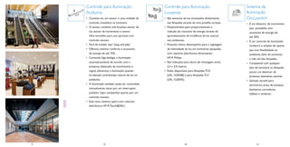 Controle para Iluminação
Actilume
• Consiste em um sensor e uma unidade de
controle, instalados na luminária.
• O sensor combina três funções: sensor de
luz, sensor de movimento e sensor
infra-vermelho para uso opcional com
controle remoto.
• Fácil de instalar tipo “plug and play”.
• Oferece máximo conforto e economia
de energia de até 75%.
• Comanda (liga-desliga) a iluminação
automaticamente de acordo com a
presença (detecção de movimento) e
regula (dimeriza) a iluminação quando
há elevada contribuição natural de luz no
ambiente.
• A iluminação também pode ser controlada
manualmente, tanto por um interruptor
pulsador (tipo campainha) quanto por um
controle remoto.
• Este novo sistema opera com reatores
eletrônicos HF-R Touch&DALI.

75

36

Controle para Iluminação
Luxsense
• São sensores de luz encaixados diretamente
nas lâmpadas através de uma presilha na base.
• Desenvolvidos para proporcionarem a
redução do consumo de energia através do
aproveitamento de incidência de luz natural
nos ambientes.
• Possuem ótimo desempenho para a regulagem
da intensidade da luz em luminárias equipadas
com reatores eletrônicos dimerizáveis
HF-R Philips.
• São indicados para altura de montagem entre
2,5 a 3,0 metros.
• Estão disponíveis para lâmpadas TLD
(LRL 1220/08) e para lâmpadas TL5
(LRL 1220/05).

78

80

37

Sistema de
Iluminação
Occuswitch
• É um detector de movimento
que possibilita uma
economia de energia de
até 30%.
• É um controle de iluminação
moderno e simples de operar,
que traz ﬂexibilidade ao
ambiente, além de aumentar
a vida útil das lâmpadas.
• Compatível com qualquer
tipo de luminária ou lâmpada,
possui um detector de
presença altamente sensível.
• Solução versátil para
escritórios, áreas de estoque,
banheiros, corredores,
lobbies e similares.

81

 