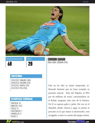 Esta no ha sido su mejor temporada, in-
fluyendo bastante que no haya ocupado su
posición natural. Pasó del Nápoles al PSG
por 64 millones de euros, convirtiéndose en
el fichaje uruguayo más caro de la historia.
De él se esperan goles y pelea. Por eso en el
Mundial, donde volverá a jugar en punta, la
posición en la que mejor se desenvuelve, será
el jugador a tener en cuenta del equipo celeste.
EDINSON CAVANI
PARIS SAINT GERMAIN (FRA)
INTERNACIONALIDADES
60
GOLES
20
ESTADÍSTICAS TEMPORADA
PARTIDOS: 43
MINUTOS: 3416
GOLES: 25
ASISTENCIAS: 7
AMARILLAS: 6
ROJAS: 0
TRAYECTORIA
2005/2007: DANUBIO (URU)
2006/2010: PALERMO (ITA)
2010/2013: NAPOLI (ITA)
2013/2014: PSG (FRA)
GUÍA BRASIL 2014 URUGUAY
 