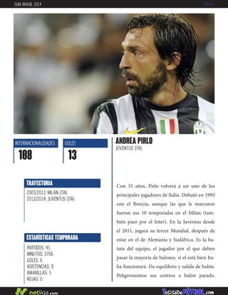 Con 35 años, Pirlo volverá a ser uno de los
principales jugadores de Italia. Debutó en 1995
con el Brescia, aunque las que le marcaron
fueron sus 10 temporadas en el Milan (tam-
bién pasó por el Inter). En la Juventus desde
el 2011, jugará su tercer Mundial, después de
estar en el de Alemania y Sudáfrica. Es la ba-
tuta del equipo, el jugador por el que deben
pasar la mayoría de balones. si el está bien Ita-
lia funcionará. Da equilibrio y salida de balón.
Peligrosisimos sus centros a balón parado.
INTERNACIONALIDADES
108
GOLES
13
ESTADÍSTICAS TEMPORADA
PARTIDOS: 45
MINUTOS: 3706
GOLES: 6
ASISTENCIAS: 8
AMARILLAS: 5
ROJAS: 0
TRAYECTORIA
2005/2011: MILAN (ITA)
2011/2014: JUVENTUS (ITA)
ANDREA PIRLO
JUVENTUS (ITA)
GUÍA BRASIL 2014 ITALIA
 