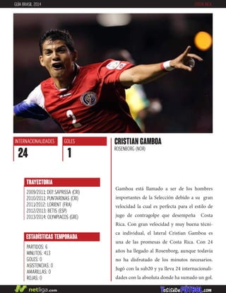 Gamboa está llamado a ser de los hombres
importantes de la Selección debido a su gran
velocidad la cual es perfecta para el estilo de
jugo de contragolpe que desempeña Costa
Rica. Con gran velocidad y muy buena técni-
ca individual, el lateral Cristian Gamboa es
una de las promesas de Costa Rica. Con 24
años ha llegado al Rosenborg, aunque todavía
no ha disfrutado de los minutos necesarios.
Jugó con la sub20 y ya lleva 24 internacionali-
dades con la absoluta donde ha sumado un gol.
CRISTIAN GAMBOA
ROSENBORG (NOR)
INTERNACIONALIDADES
24
GOLES
1
ESTADÍSTICAS TEMPORADA
PARTIDOS: 6
MINUTOS: 413
GOLES: 0
ASISTENCIAS: 0
AMARILLAS: 0
ROJAS: 0
TRAYECTORIA
2009/2011: DEP. SAPRISSA (CRI)
2010/2011: PUNTARENAS (CRI)
2011/2012: LORIENT (FRA)
2012/2013: BETIS (ESP)
2013/2014: OLYMPIACOS (GRE)
GUÍA BRASIL 2014 COSTA RICA
 
