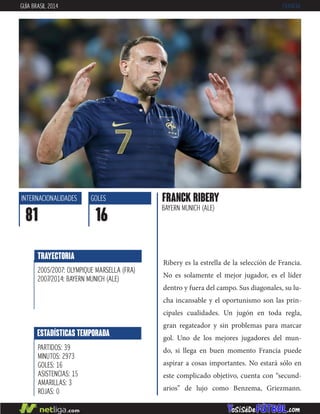 Ribery es la estrella de la selección de Francia.
No es solamente el mejor jugador, es el líder
dentro y fuera del campo. Sus diagonales, su lu-
cha incansable y el oportunismo son las prin-
cipales cualidades. Un jugón en toda regla,
gran regateador y sin problemas para marcar
gol. Uno de los mejores jugadores del mun-
do, si llega en buen momento Francia puede
aspirar a cosas importantes. No estará sólo en
este complicado objetivo, cuenta con “secund-
arios” de lujo como Benzema, Griezmann.
FRANCK RIBERY
BAYERN MUNICH (ALE)
INTERNACIONALIDADES
81
GOLES
16
ESTADÍSTICAS TEMPORADA
PARTIDOS: 39
MINUTOS: 2973
GOLES: 16
ASISTENCIAS: 15
AMARILLAS: 3
ROJAS: 0
TRAYECTORIA
2005/2007: OLYMPIQUE MARSELLA (FRA)
2007/2014: BAYERN MUNICH (ALE)
GUÍA BRASIL 2014 FRANCIA
 