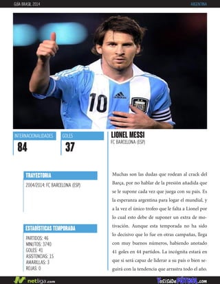 Muchas son las dudas que rodean al crack del
Barça, por no hablar de la presión añadida que
se le supone cada vez que juega con su pais. Es
la esperanza argentina para logar el mundial, y
a la vez el único trofeo que le falta a Lionel por
lo cual esto debe de suponer un extra de mo-
tivación. Aunque esta temporada no ha sido
lo decisivo que lo fue en otras campañas, llega
con muy buenos números, habiendo anotado
41 goles en 44 partidos. La incógnita estará en
que si será capaz de liderar a su país o bien se-
guirá con la tendencia que arrastra todo el año.
LIONEL MESSI
FC BARCELONA (ESP)
INTERNACIONALIDADES
84
GOLES
37
ESTADÍSTICAS TEMPORADA
PARTIDOS: 46
MINUTOS: 3740
GOLES: 41
ASISTENCIAS: 15
AMARILLAS: 3
ROJAS: 0
TRAYECTORIA
2004/2014: FC BARCELONA (ESP)
GUÍA BRASIL 2014 ARGENTINA
 