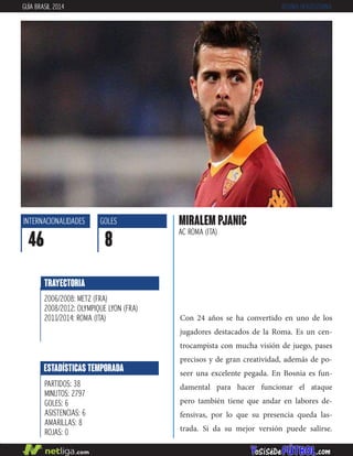 Con 24 años se ha convertido en uno de los
jugadores destacados de la Roma. Es un cen-
trocampista con mucha visión de juego, pases
precisos y de gran creatividad, además de po-
seer una excelente pegada. En Bosnia es fun-
damental para hacer funcionar el ataque
pero también tiene que andar en labores de-
fensivas, por lo que su presencia queda las-
trada. Si da su mejor versión puede salirse.
MIRALEM PJANIC
AC ROMA (ITA)
INTERNACIONALIDADES
46
GOLES
8
ESTADÍSTICAS TEMPORADA
PARTIDOS: 38
MINUTOS: 2797
GOLES: 6
ASISTENCIAS: 6
AMARILLAS: 8
ROJAS: 0
TRAYECTORIA
2006/2008: METZ (FRA)
2008/2012: OLYMPIQUE LYON (FRA)
2011/2014: ROMA (ITA)
GUÍA BRASIL 2014 BOSNIA-HERZEGOVINA
 